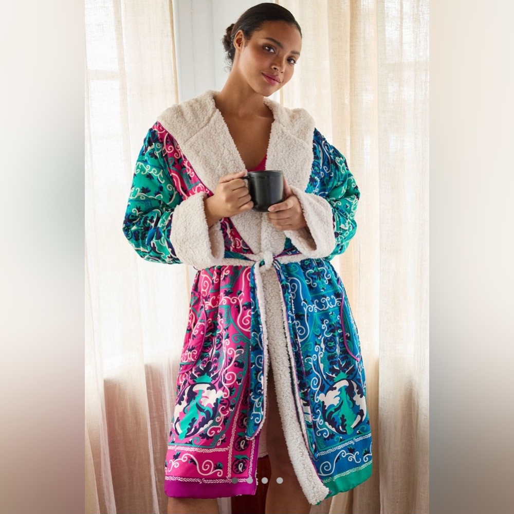 Anthropologie Multicolor Patterned sherpa robe with beautiful pattern NWT